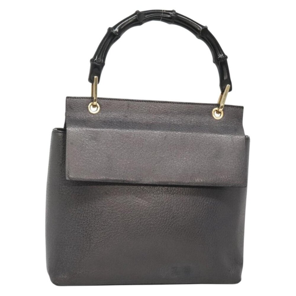 GUCCI Bamboo Hand Bag Leather Gold Charcoal gray Auth - Picture 1 of 16